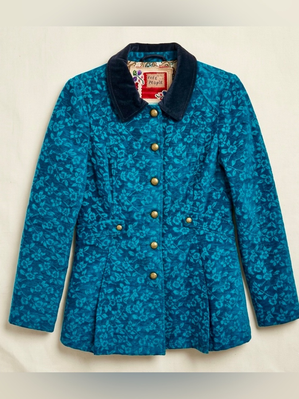Free People Gypsy Jacquard teal blue velvet floral military coat Sz 6 Regency